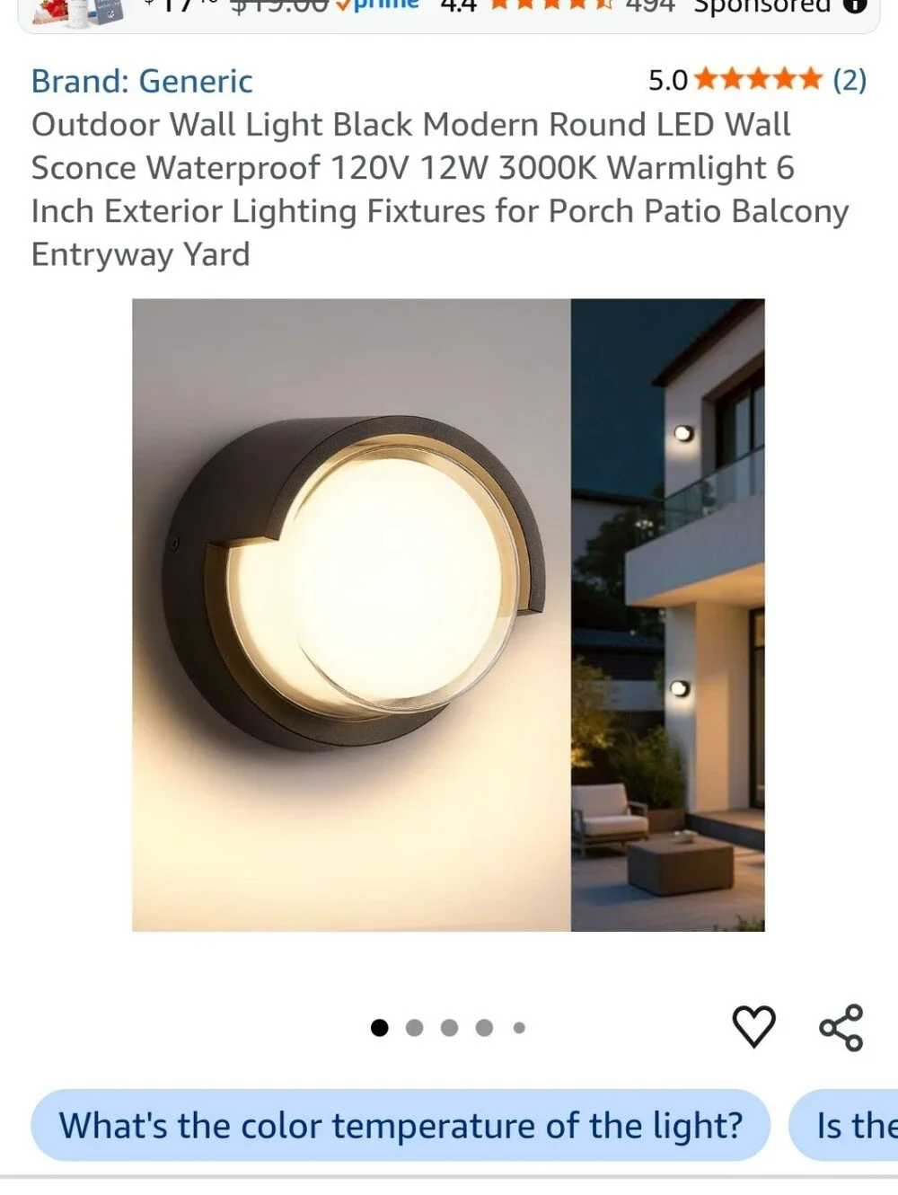 2 Black Outdoor Wall Sconce - Modern Round LED Porch Light